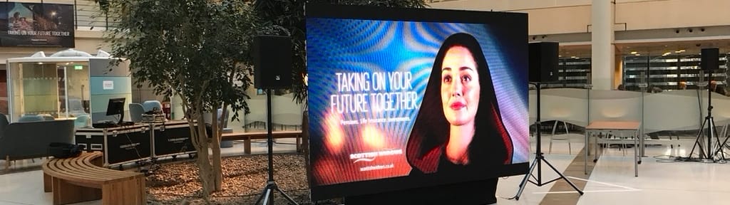 corporate av hire edinburgh 2 LED video wall and PA system set up for a new advert launch event in Edinburgh