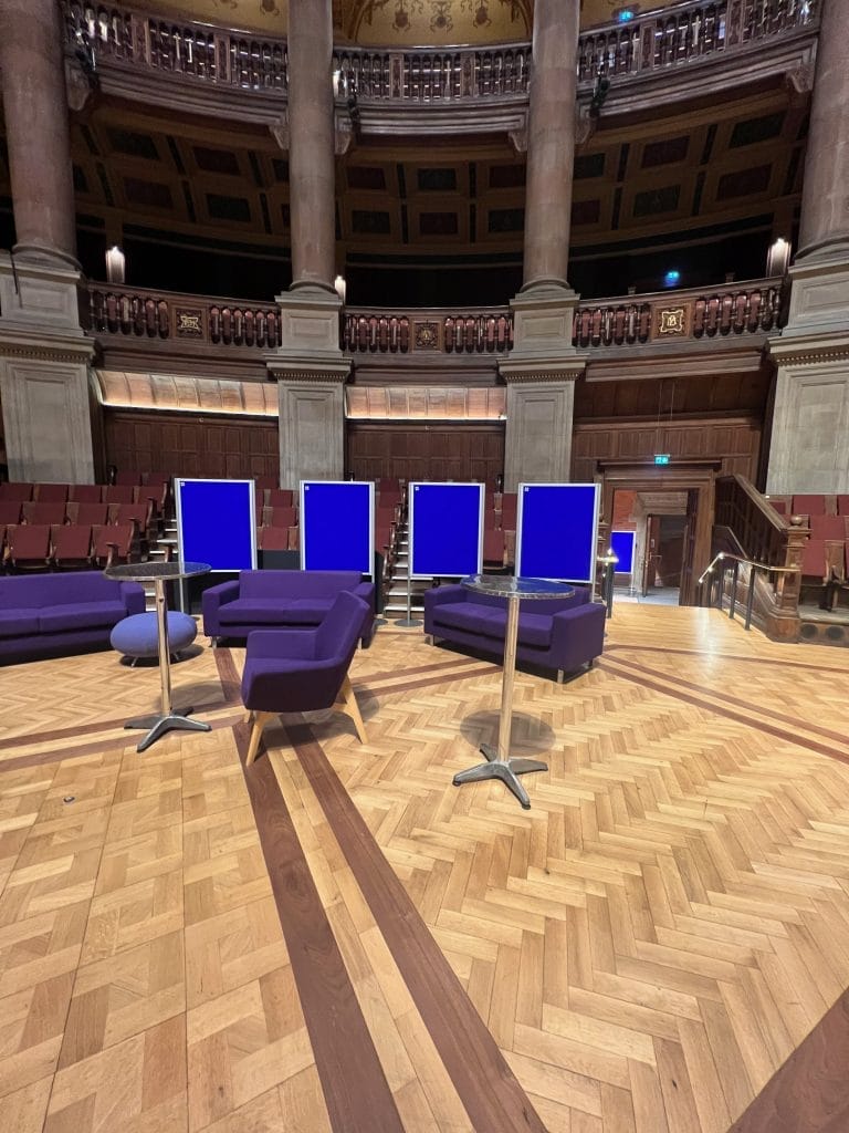 Display boards setup in McEwan Hall, University of Edinburgh 