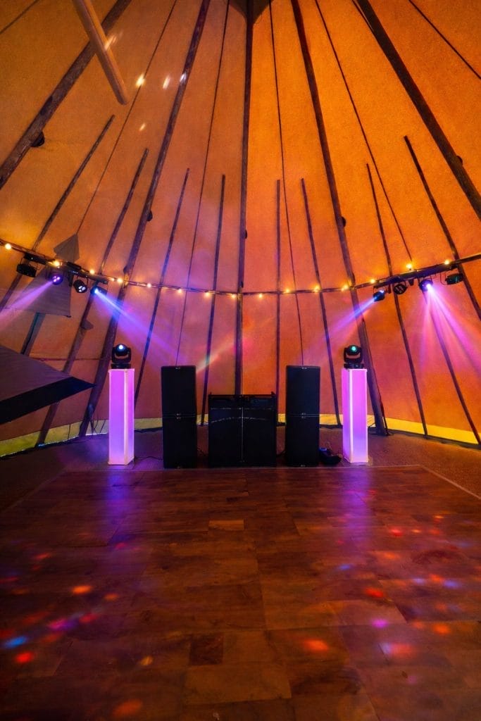 Tipi Tent 21st DJ setup sound and lighting