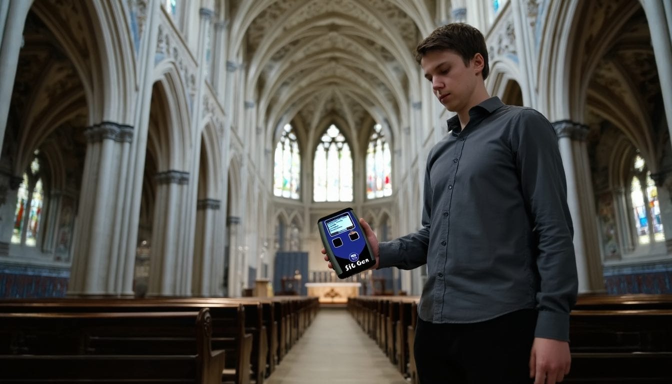 Hearing loop signal strength testing in Edinburgh church.